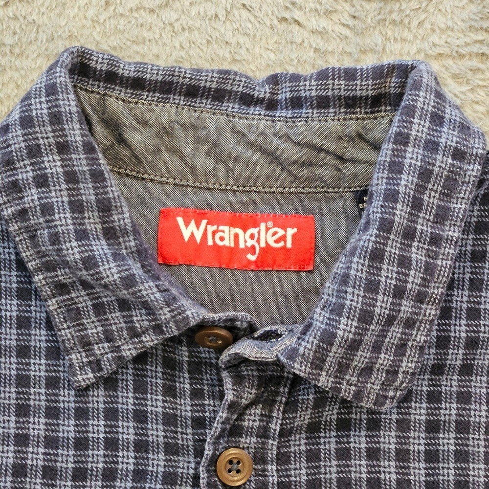 Wrangler Mens 2XL Plaid Flannel Button Down Shirt Navy Blue Grey Western - Picture 2 of 6